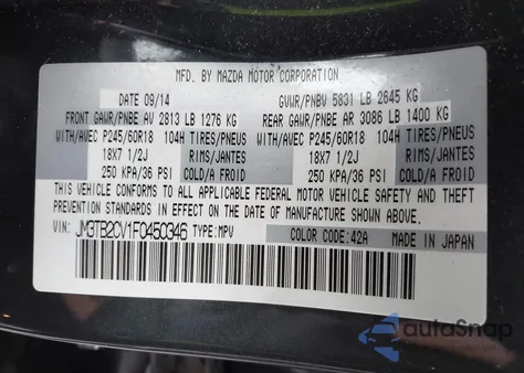 2015 Mazda Cx-9 Touring from USA, damaged, VIN JM3TB2CV1F0450346